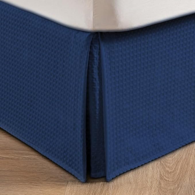 MIYE Pleated Waffle Weave Bed Skirt, Tailored Dust Ruffle 16 Inch Drop Easy Fit, Machine Washable (Navy Blue, Twin - 16" Drop)