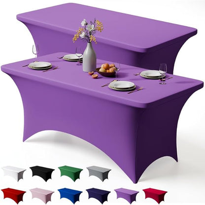 Trlyc 2 Pack 6FT Spandex Table Cloth - 72 x 30 Inch Rectangular Stretch Tablecloth, Wrinkle Resistant Scretch Table Cover for Wedding, Party, Banquet, Picnic, Outdoor Decoration (2Pcs,Purple)