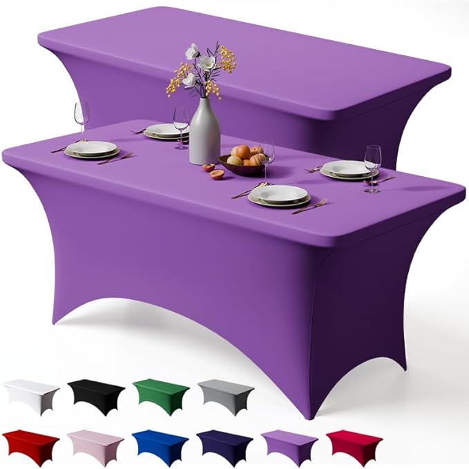 Trlyc 2 Pack 8FT Spandex Table Cloth - 96 x 30 Inch Rectangular Stretch Tablecloth, Wrinkle Resistant Scretch Table Cover for Wedding, Party, Banquet, Picnic, Outdoor Decoration (2Pcs,Purple)