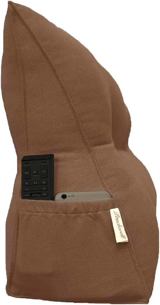 Triangular Reading Bed Rest Pillow Large Bolster Cushion Headboard Backrest Wedge Pillow with Removable Cover and Two Large Side Pockets (Brown, 47 x 8 x 20 inches)