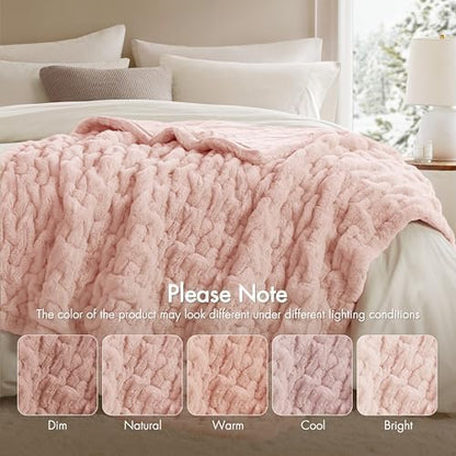 Madison Park Ruched Luxury Throw Premium Soft Cozy Brushed Long Faux Fur For Bed, Couch or Sofa, 50"x60", Blush