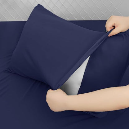Moonsea Queen Sheet Set for Air Mattress - Sheets Queen Size Bed Set - 3Pcs Side Storage Pocket Fitted Sheet & Pillowcases Easily Fits 16in to 24in Pillow Top Air Bed Mattress - Navy Blue
