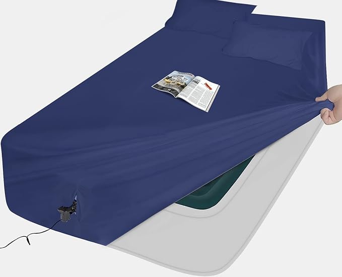 Queen Air Mattress Sheets - 3 Pieces Queen Sheets Sets 16 to 23 inch - Inflate Without Disassembly Convenient & Firm Easy to use Air Mattress (Navy Blue, Full)