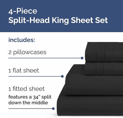 Split Head King Sheet Set – 4 Piece Flex Split Top King Sheets for Adjustable Beds - Fits 14” to 16" Mattress w/ Deep Pockets - Ultra-Soft, Breathable & Cooling - Luxury Bedding & Wrinkle Free - Black