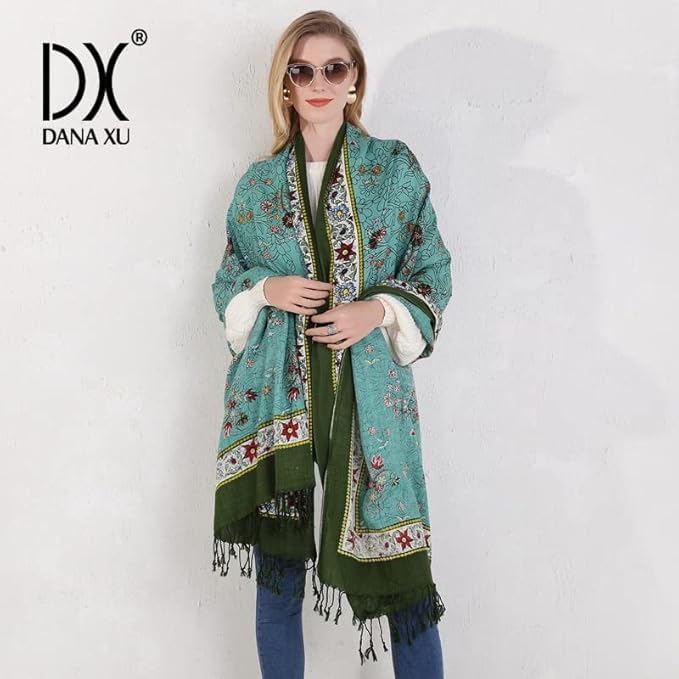 DANA XU 100% Merino Wool Pashmina Shawl for Women 96"x43", Oversized Cashmere Wrap with Tassels, Floral Travel Blanket Cape