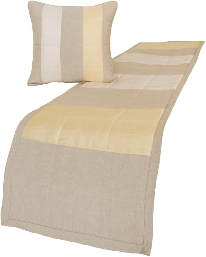 The HomeCentric King/Queen/Twin Beige Decorative CA King 86"x18" Bed Runner Without Pillow Cover, Color Block, Patchwork, Quilted, Silk, Linen & Striped Bed Scarf on Linen & Silk Fabric - Alikka