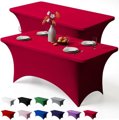 Trlyc 2 Pack 8FT Spandex Table Cloth - 96 x 30 Inch Rectangular Stretch Tablecloth, Wrinkle Resistant Scretch Table Cover for Wedding, Party, Banquet, Picnic, Outdoor Decoration (2Pcs,Burgundy)