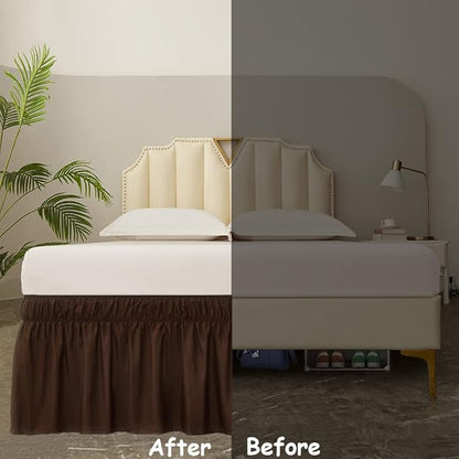 MEILA Wrap Around Bed Skirt Three Fabric Sides Elastic Dust Ruffled 18 Inch Tailored Drop,Easy to Install Fade Resistant-Brown, Queen/King
