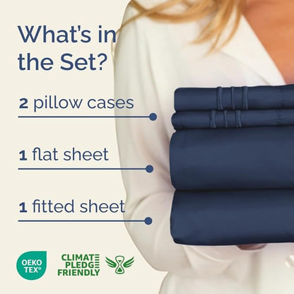 Olympic Queen Sheet Set 66x80 - 4 Piece RV Olympic Queen Size Sheets - Soft, Breathable & Cooling - Fits 14” to 16" Mattress w/ Deep Pockets - Comfy Luxury Bedding - Fade & Wrinkle Free - Navy Blue