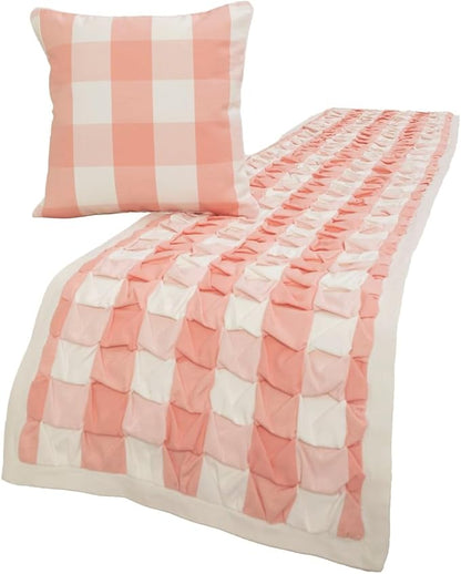 The HomeCentric King/Queen/Twin Peach Pink Decorative Queen 74"x18" Bed Runner with Pillow Cover, Textured & Buffalo Checks Bed Scarf on Cotton Fabric - Buffalo Plaid Peach