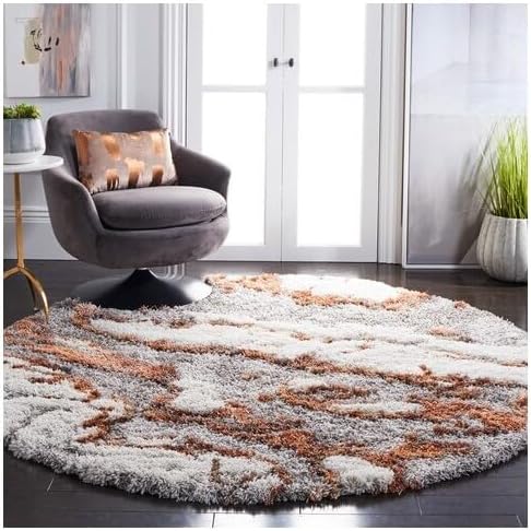 SAFAVIEH Horizon Shag 800 Collection Round Rug - 3' Round, Grey & Rust, Contemporary Design, Ideal for High Traffic Areas in Living Room, Bedroom & Dining Room (HZN890P-3R)
