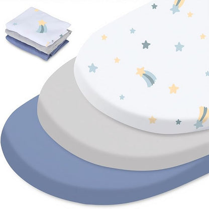 3 Pack Stretchy Bassinet Sheets - Universal Fit for Rectangle, Round, Oval, Hourglass Cradles & Moses Baskets - Soft Breathable Fitted Bassinet Sheets Set for Baby - Blue & Grey Star