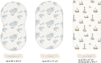 Bassinet Sheets for Baby Girls Boys 2 Pack, Fitted Baby Mattress Sheet for Rectangle, Oval, Hourglass Bassinet Mattress, Breathable Cozy & Universal Fit (Sailing Waves)
