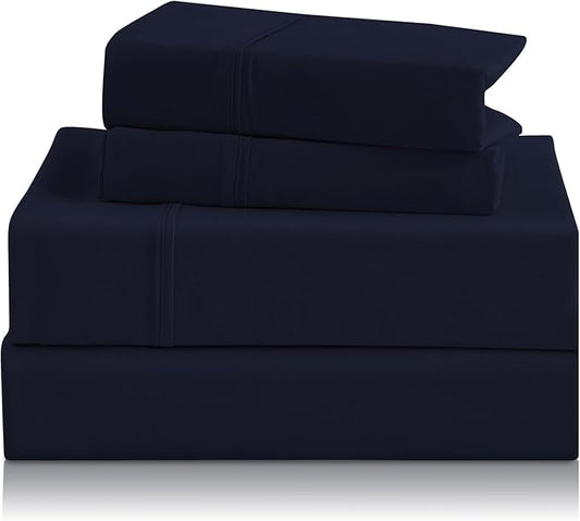 Twin XL Sheet Set - 3 Piece Silky Soft Breathable Bed Sheet & Pillowcase Set, 16" Deep Pocket Hotel Luxury Wrinkle Free Easy Care Bedding Sheets, Dark Blue
