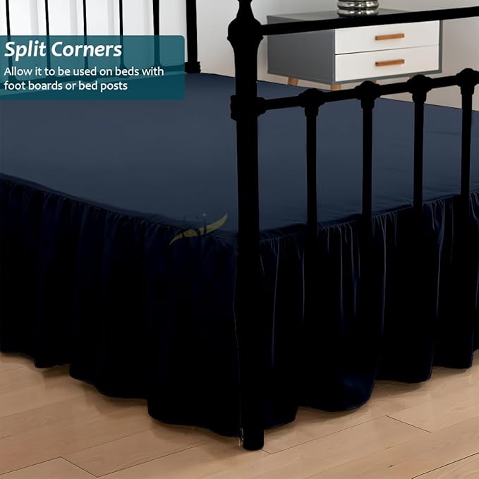 Shreem Linen Ruffled Bed Skirt with Split Corners, Gathered Style, 100% Microfiber, 12-Inch Drop, Dust Ruffle Bedskirt with Platform, Full-XL, Navy Blue