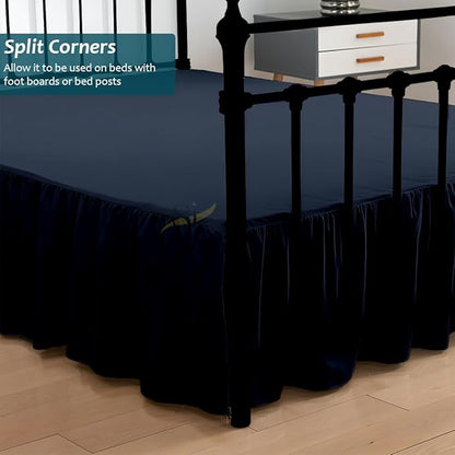 Shreem Linen Ruffled Bed Skirt with Split Corners, Gathered Style, 100% Microfiber, 8-Inch Drop, Dust Ruffle Bedskirt with Platform, Full, Navy Blue