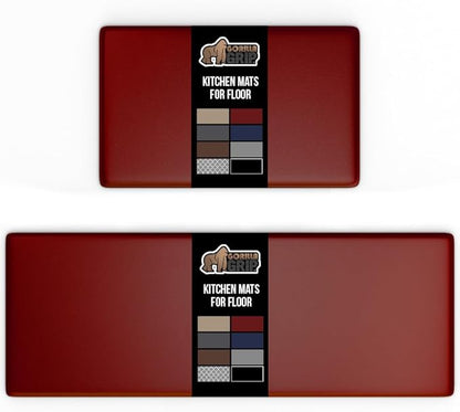 GORILLA GRIP 2 Pack Comfortable Cushioned Kitchen Mats for Floor, 17x29 + 17x59, Waterproof and Stain Resistant, 1/2 Inch Thick Ergonomic Standing Desk Anti Fatigue Mat, Foam Supports Feet, Red