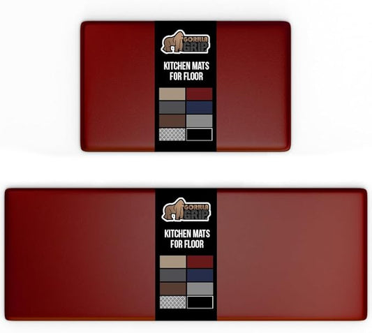 GORILLA GRIP 2 Pack Comfortable Cushioned Kitchen Mats for Floor, 17x24 + 17x48, Waterproof and Stain Resistant, 1/2 Inch Thick Soft Ergonomic Standing Desk Anti Fatigue Mat, Foam Supports Feet, Red