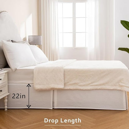 MIYE Pleated Waffle Weave Bed Skirt, Tailored Dust Ruffle 22 Inch Drop Easy Fit, Machine Washable (White, Queen - 22" Drop)