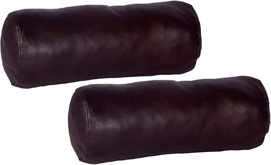 Neck Roll Pillow Cushion Cover, 16x7 Inch Full Moon Round Bolster Pillow Case, Cylinder Soft Lambskin Leather Pillowcase for Head, Spine & Neck Support During Sleep - Dark Brown Pack of 2
