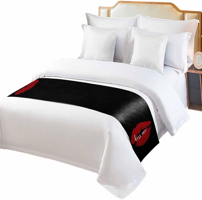Red Lip Print Kiss Me Bed Runners for Bedroom Hotel,Decorative Bedding Scarf Black Back Bed End Blanket Bedding Runner Scarves for King Size Bed,102x20in