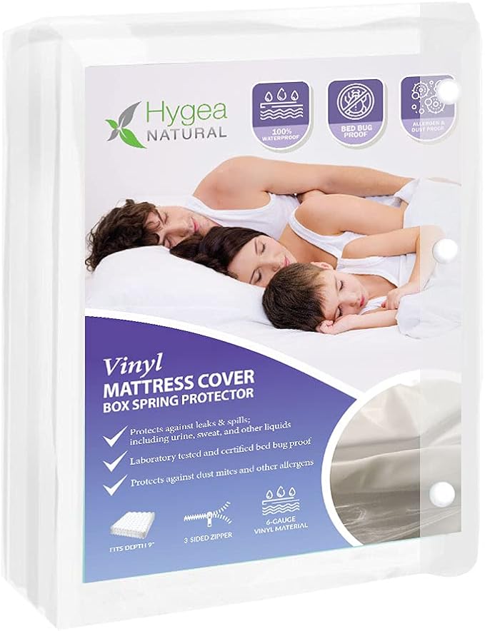 Hygea Natural Queen Size Tear-Free Vinyl Box Spring & Mattress Cover - Waterproof, Anti-Bed Bug and Allergen-proof, Zippered Encasement - 60” x 80” x 9” Deep - Durable Protection