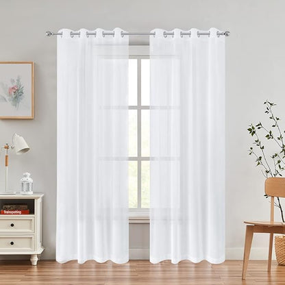 Sheer Curtains Faux Linen Semi Voile Light Filtering Drapes Pair for Bedroom Living Room, Set of 2 Grommet Top Window Curtain Panels (Each 54 x 84 Inch, White)