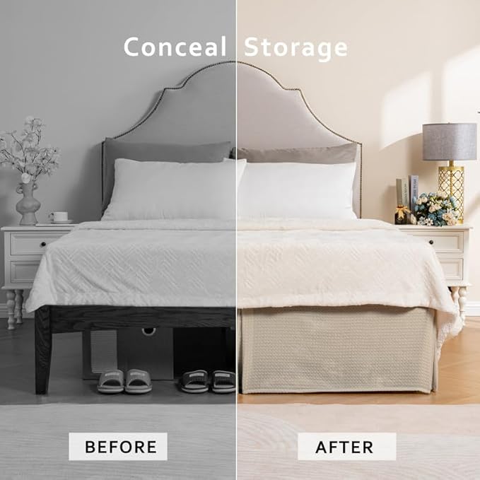 MIYE Pleated Waffle Weave Bed Skirt, Tailored Dust Ruffle 12 Inch Drop Easy Fit, Machine Washable (Navy Blue, Full - 12" Drop)