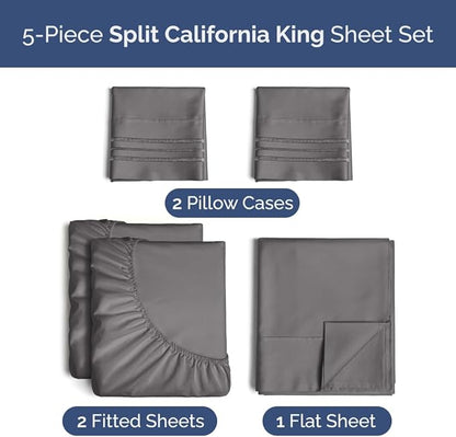 Split California King Bed Sheet Set - 5 Piece Split California King Size Sheets – Ultra-Soft & Wrinkle Free - Fits 8” to 16" Mattress w/ Deep Pockets - Breathable & Cooling Luxury Bedding – Dark Grey