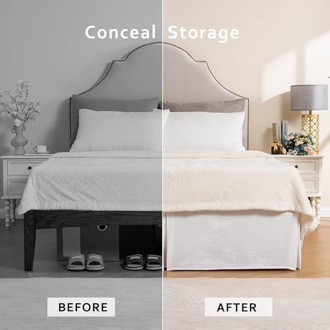 MIYE Pleated Waffle Weave Bed Skirt, Tailored Dust Ruffle 14 Inch Drop Easy Fit, Machine Washable (White, Twin - 14" Drop)