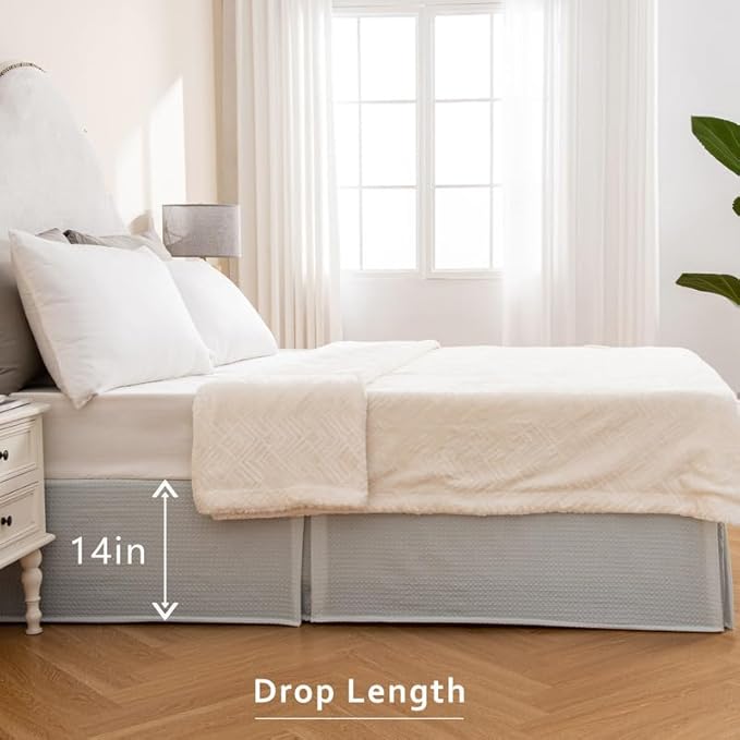 MIYE Pleated Waffle Weave Bed Skirt, Tailored Dust Ruffle 14 Inch Drop Easy Fit, Machine Washable (Light Grey, Full - 14" Drop)