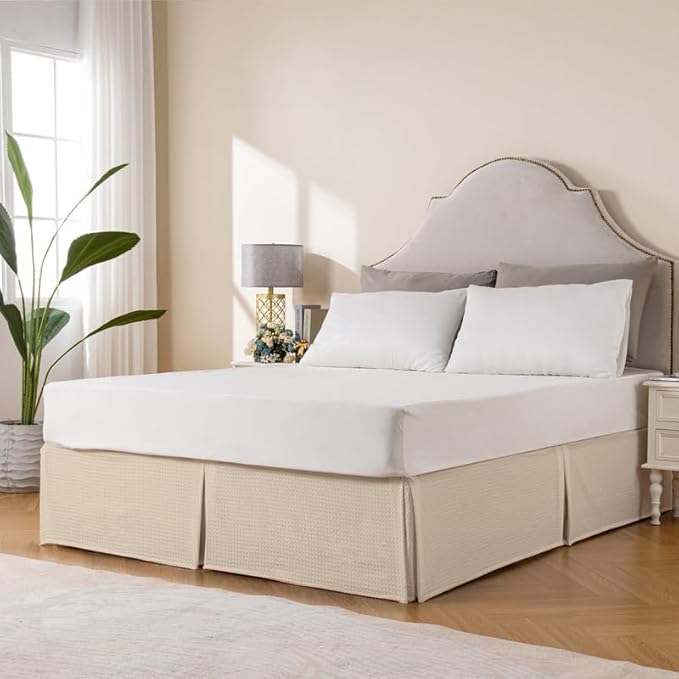 MIYE Pleated Waffle Weave Bed Skirt, Tailored Dust Ruffle 14 Inch Drop Easy Fit, Machine Washable,No Split Corners (Beige, King - 14" Drop)