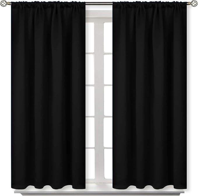 BGment Rod Pocket Blackout Curtains 48 Inch Length for Bedroom - Thermal Insulated Short Room Darkening Drapes for Living Room Window, 42 x 48 Inch, 2 Panels, Black