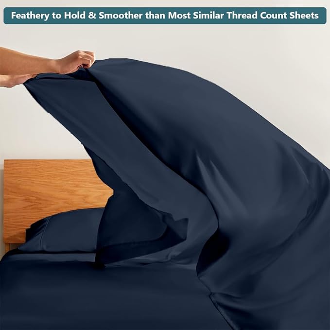 Full Size Bed Sheets Set - Luxury 338 Thread Count 100% Egyptian Cotton Sateen, Cooling Sheets, Deep Pockets with All Around Elastic for a, Hotel Quality Bedding Set (Navy Blue Solid)