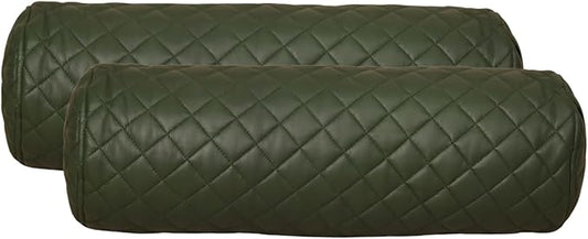 Neck Roll Pillow Cushion Cover, 22x6 Inch Full Moon Round Bolster Pillow Case, Cylinder Soft Lambskin Leather Pillowcase for Head, Spine & Neck Support During Sleep - Quilted Dark Green Pack of 2