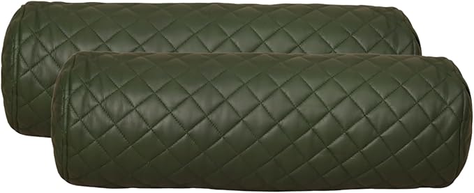 Neck Roll Pillow Cushion Cover, 18x6 Inch Full Moon Round Bolster Pillow Case, Cylinder Soft Lambskin Leather Pillowcase for Head, Spine & Neck Support During Sleep - Quilted Dark Green Pack of 2