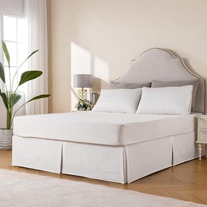 MIYE Pleated Waffle Weave Bed Skirt, Tailored Dust Ruffle 16 Inch Drop Easy Fit, Machine Washable (White, Queen - 16" Drop)
