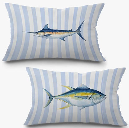Coastal Beach Fish Pillow Covers 12x20 Set of 2, Ocean Marlin Tuna Fish Blue White Striped Lumbar Throw Pillow Covers for Boys Bedroom Beach House Home