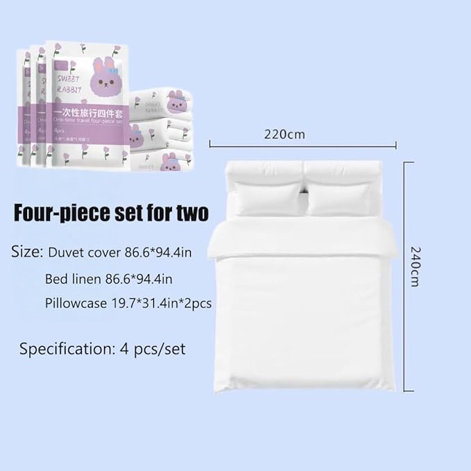 E I F E R Disposable Bed Sheets Fitted Sheet, Disposable Travel Sheets for Travel with Quilt Cover and Pillowcase, Disposable Bedding Travel Bedding Disposable Sheets for Hotel Hospital 4 PCS