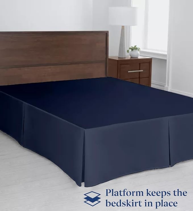 SKY BEDDINGS Luxury Pleated Queen Bed Skirt with Split Corners - 18 Inch Tailored Drop - Pleated Dust Ruffle - Wrinkle-Free 100% Microfiber - Easy Fit, Soft & Durable - Navy Blue