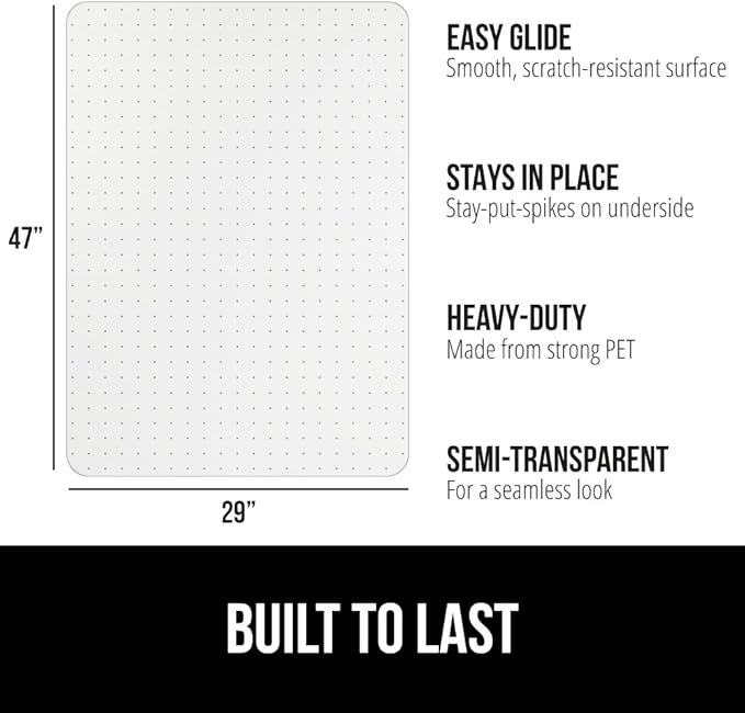 GORILLA GRIP Slip Resistant Office Chair Mat for Carpet Floors, Smooth Glide Under Desk Carpeted Floor Protector, Heavy Duty Plastic Computer Mats for Rolling Work and Gaming Chairs 29x47, Clear