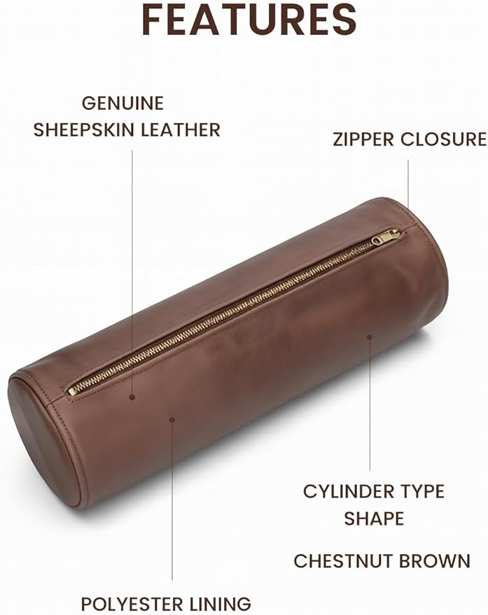 Leather Cylindrical Cushion Cover – 100% Lambskin Round Bolster Pillow Cover | Handmade Ergonomic Roll for Head, Neck & Back | Decorative Home & Sofa Accessory (22" x 6")
