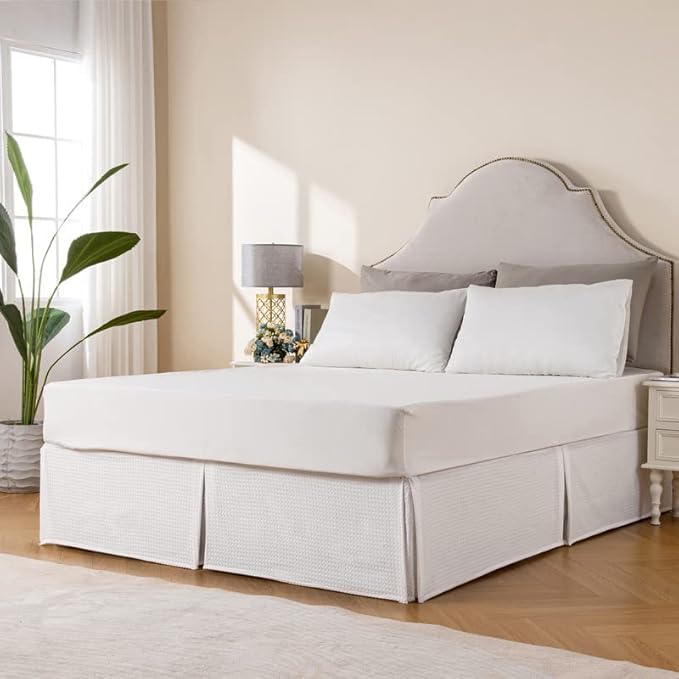 MIYE Pleated Waffle Weave Bed Skirt, Tailored Dust Ruffle 14 Inch Drop Easy Fit, Machine Washable (White, Full - 14" Drop)