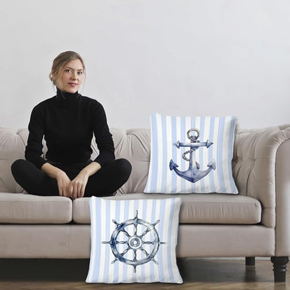 Nautical Rudder Anchor Pillow Covers 18x18 Set of 2, Preppy Blue and White Striped Coastal Nautical Throw Pillow Covers for Boys Bedroom Beach House Home, Preppy Beach Room Decor