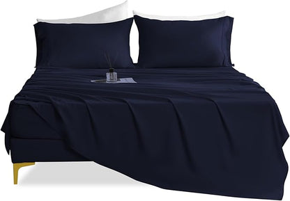 Queen Sheet Set - 4 Piece Silky Soft Breathable Bed Sheet & Pillowcase Set, 16" Deep Pocket Hotel Luxury Wrinkle Free Easy Care Bedding Sheets, Dark Blue