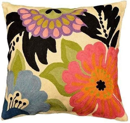 Daisy Floral Pillow Cover Hand Embroidered Flower Throw Pillowcase Traditional Floral Outdoor Suzani Cushion Boho Flower Throw Pillow Chair Cushion Wool Size - 18x18