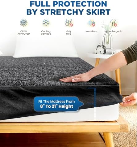 Premium 100% Waterproof Full Mattress Protector, Breathable Cooling 3D Air Fabric Mattress Cover, Soft Hypoallergenic Noiseless Bed Cover Machine Washable Vinyl Free, 8-21'' Deep Pocket (Black)