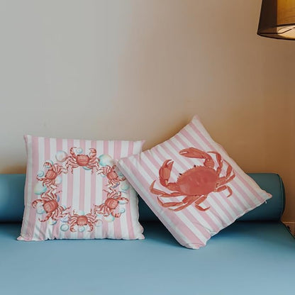 Coastal Red Crab Pillow Covers 18x18 Set of 2, Nautical Coastal Red Crab Bubbles Pink White Striped Throw Pillow Covers for Beach House Home, Preppy Beach Room Decor