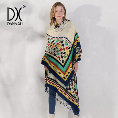 DANA XU 100% Merino Wool Pashmina Shawl for Women 96"x43", Oversized Cashmere Wrap with Tassels, Floral Travel Blanket Cape