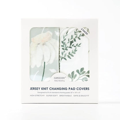 GRSSDER Stretch Ultra Soft Jersey Knit Changing Pad Cover Set 2 Pack, Change Table Pad Covers Fit 32"/34" x 16" Pads Safe and Snug, Pretty Watercolor Daisy Flowers for Baby Girls